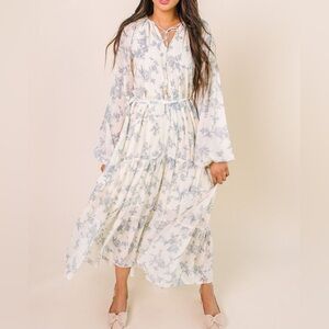 Ivy City Co Cream Floral Tiered Midi Dress with Blue Print